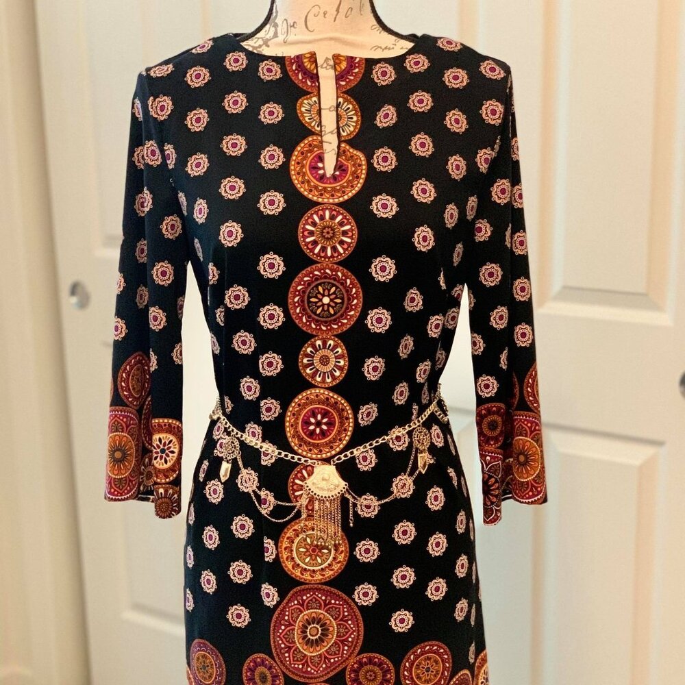 Women's Medallion Dress by Nicole Miller with a Slight Upper Split on the Chest